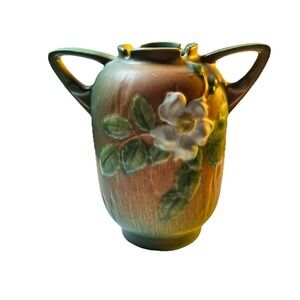 Vintage Roseville Pottery WHITE ROSE PINK 2-Handled Vase 6‎ 1/4" Tall 979-6